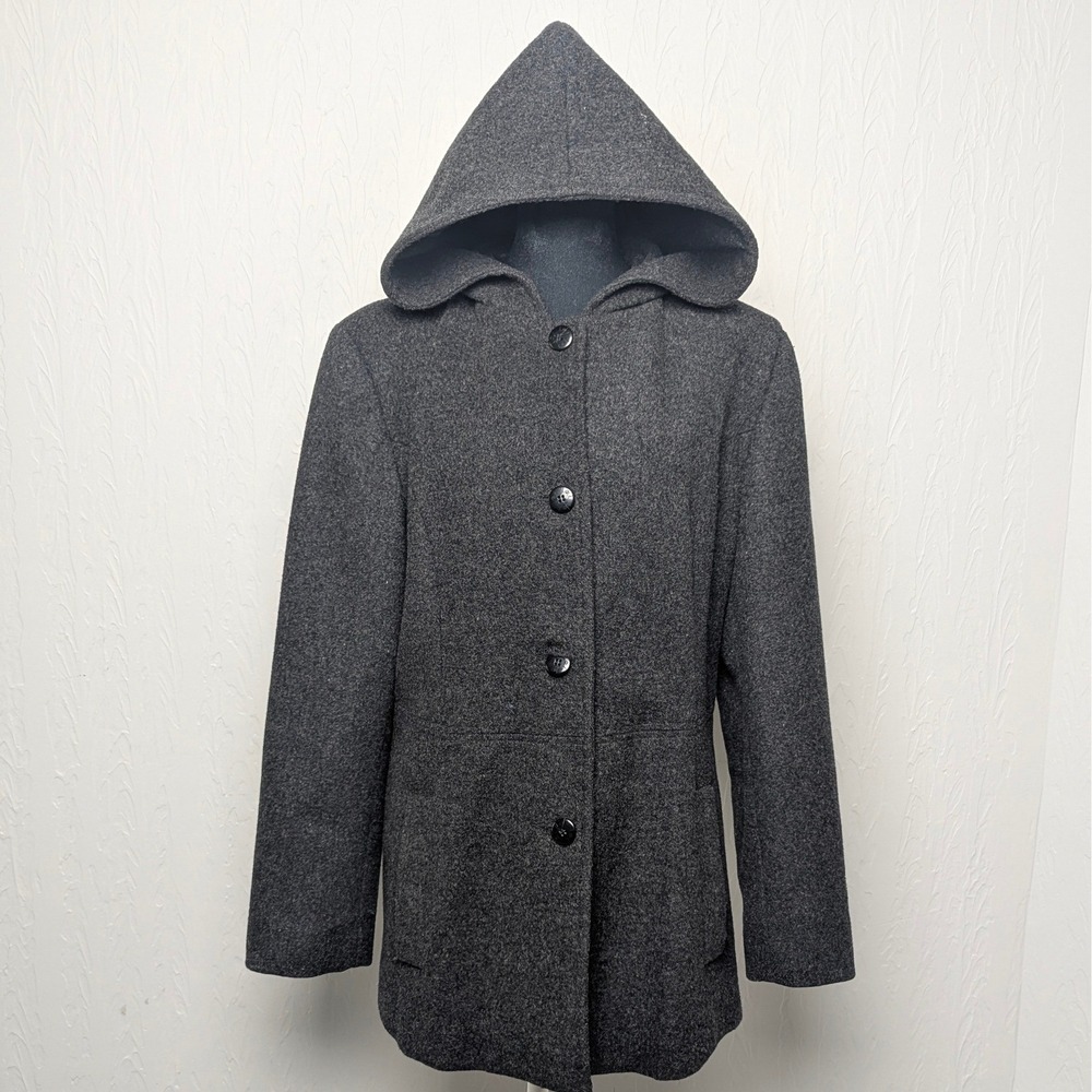 LEI Women's Gray Wool Hooded Coat Jacket L Button Winter Lux Normcore Layering